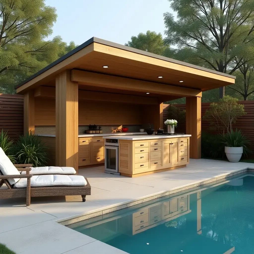 a photo of a wooden outdoor kitchen next to the pool