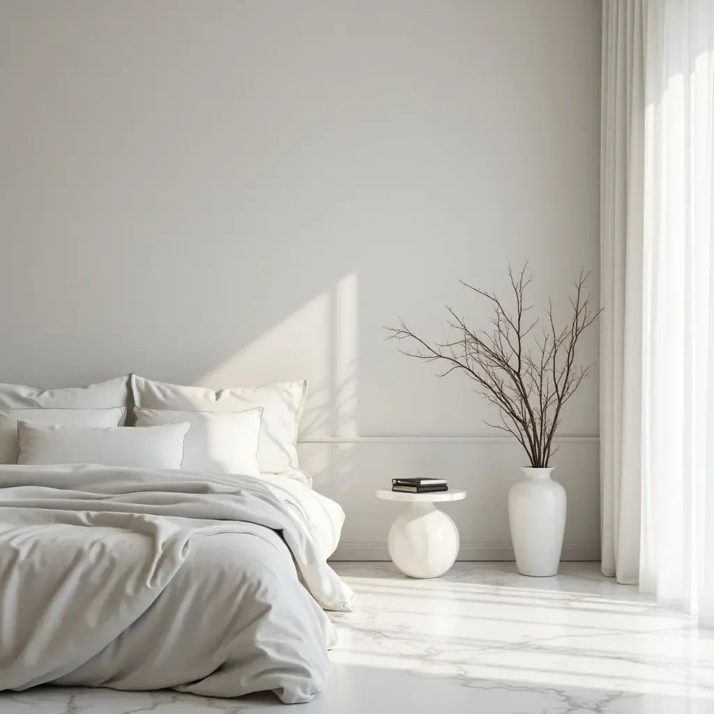 a photo of a minimalist bedroom featuring marble decor elements