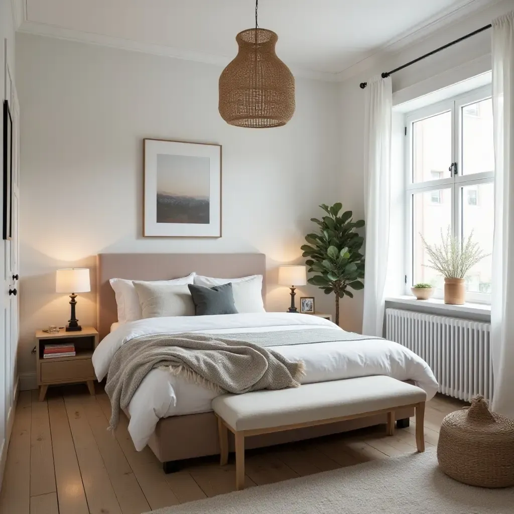 a photo of a charming Scandinavian bedroom with a blend of vintage and modern styles