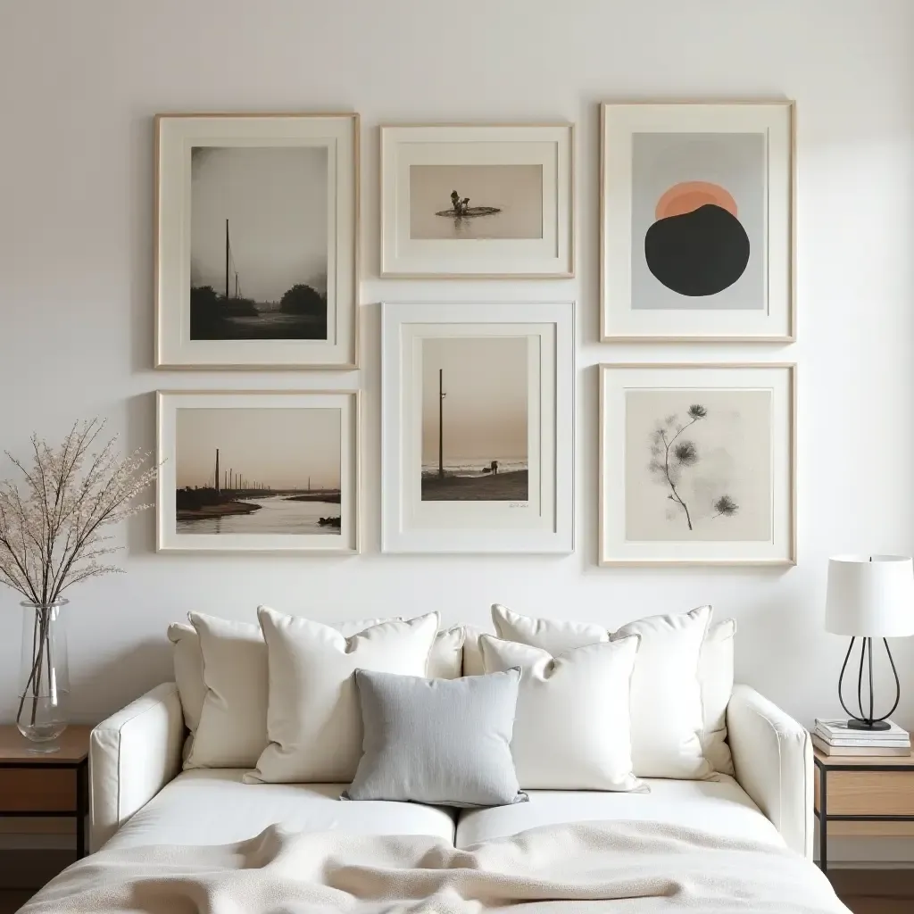 a photo of a gallery wall with a mix of modern art and classic prints