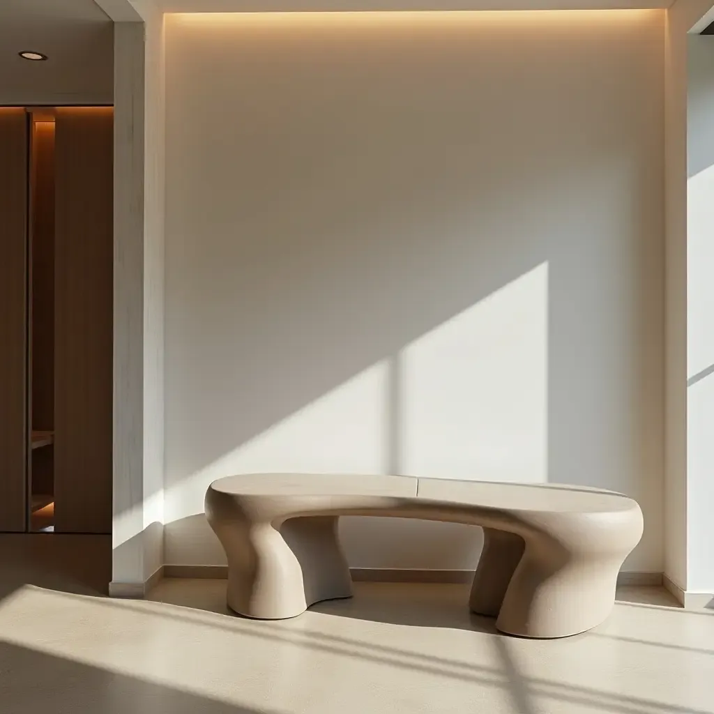 a photo of a unique sculptural bench in a modern hallway