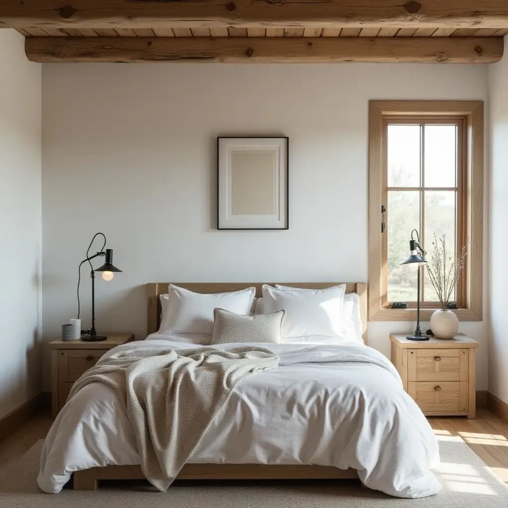 a photo of a cozy farmhouse bedroom with rustic wooden beams and soft linens