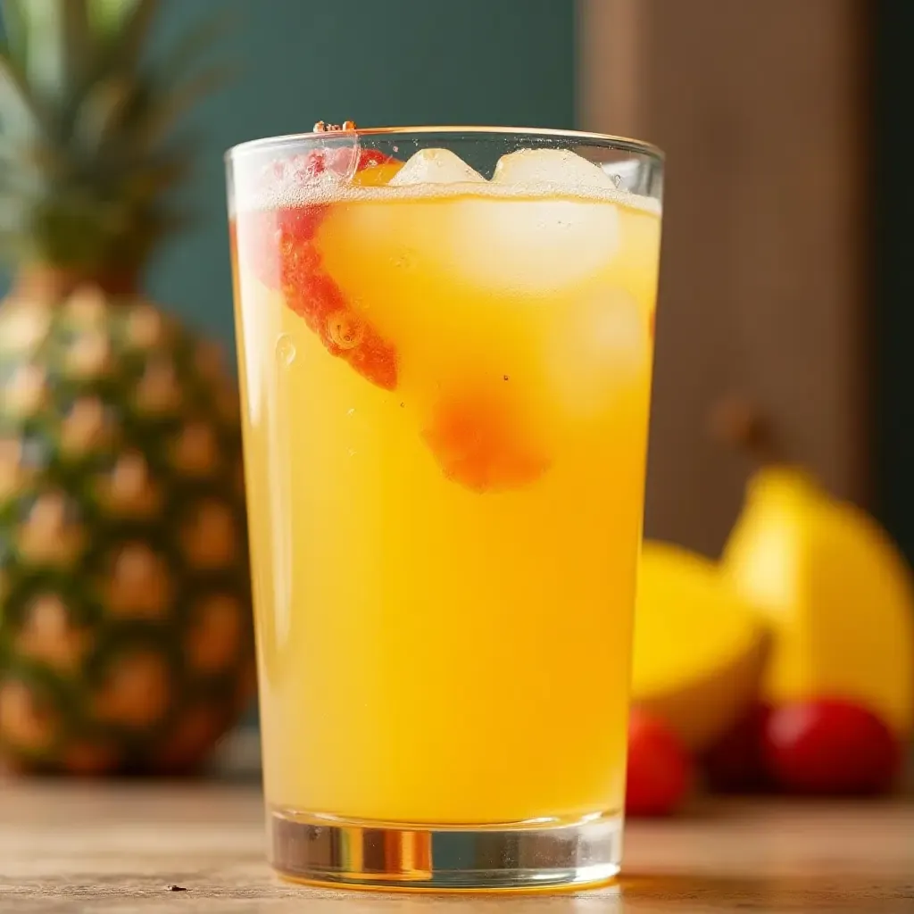 a photo of a chilled glass of Sumol, a Portuguese fruit soda, with tropical fruits in the background.