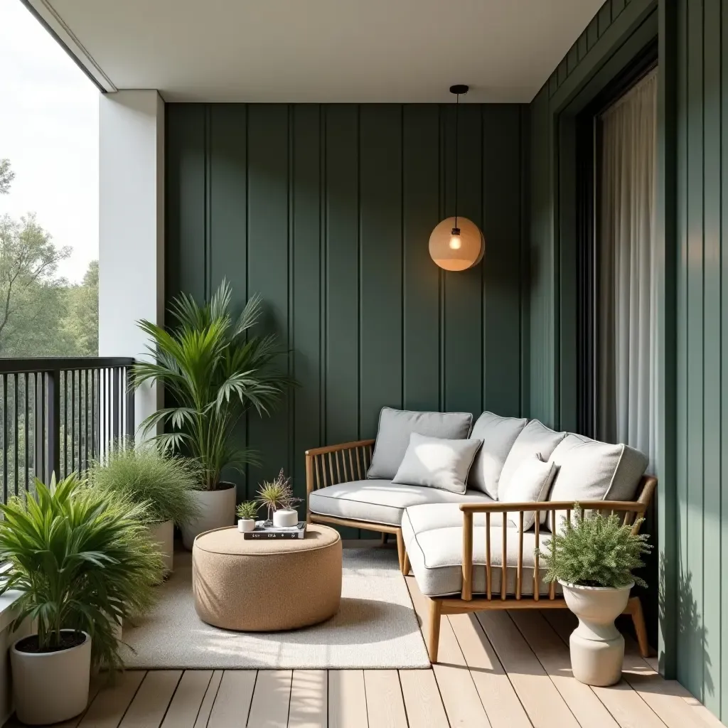 a photo of a compact balcony with Scandinavian decor, utilizing space-saving furniture and greenery