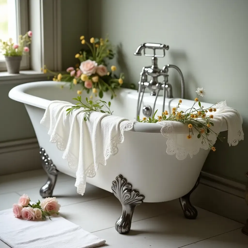 a photo of a clawfoot bathtub adorned with lace and wildflowers