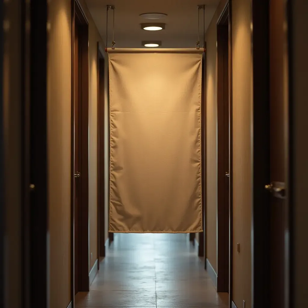 a photo of a fabric banner hanging in a narrow hallway