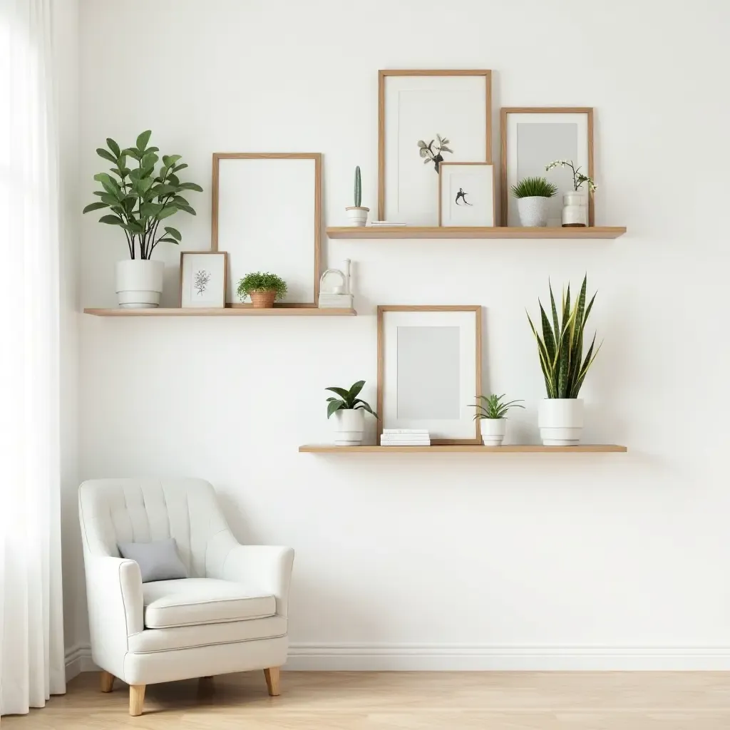 a photo of a gallery wall with floating shelves displaying art and plants