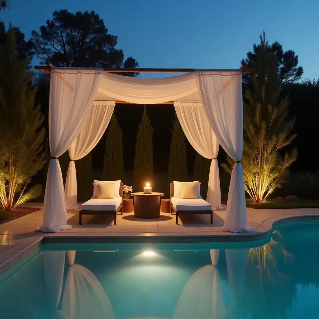 a photo of a chic lounge area with a canopy and soft lighting by the pool