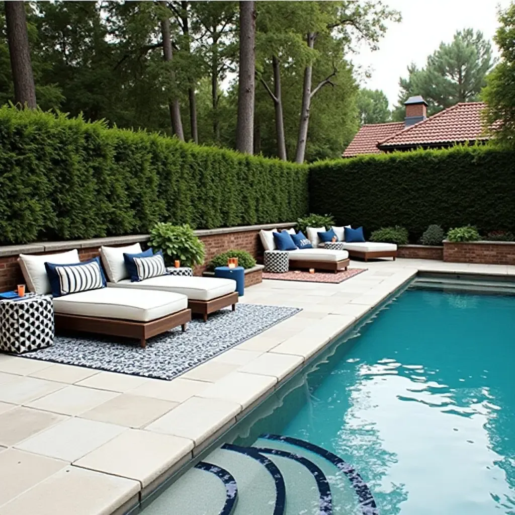 a photo of a stylish farmhouse-themed pool area with patterned outdoor rugs and cushions