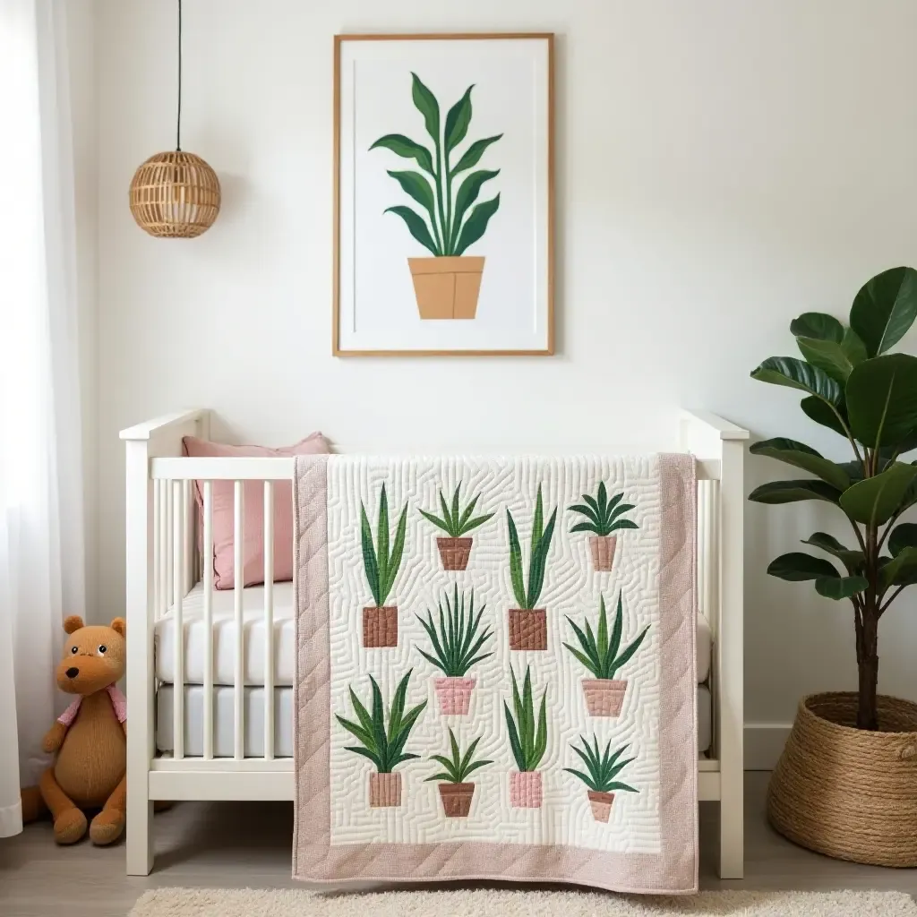 a photo of a nursery with a cheerful plant-themed quilt