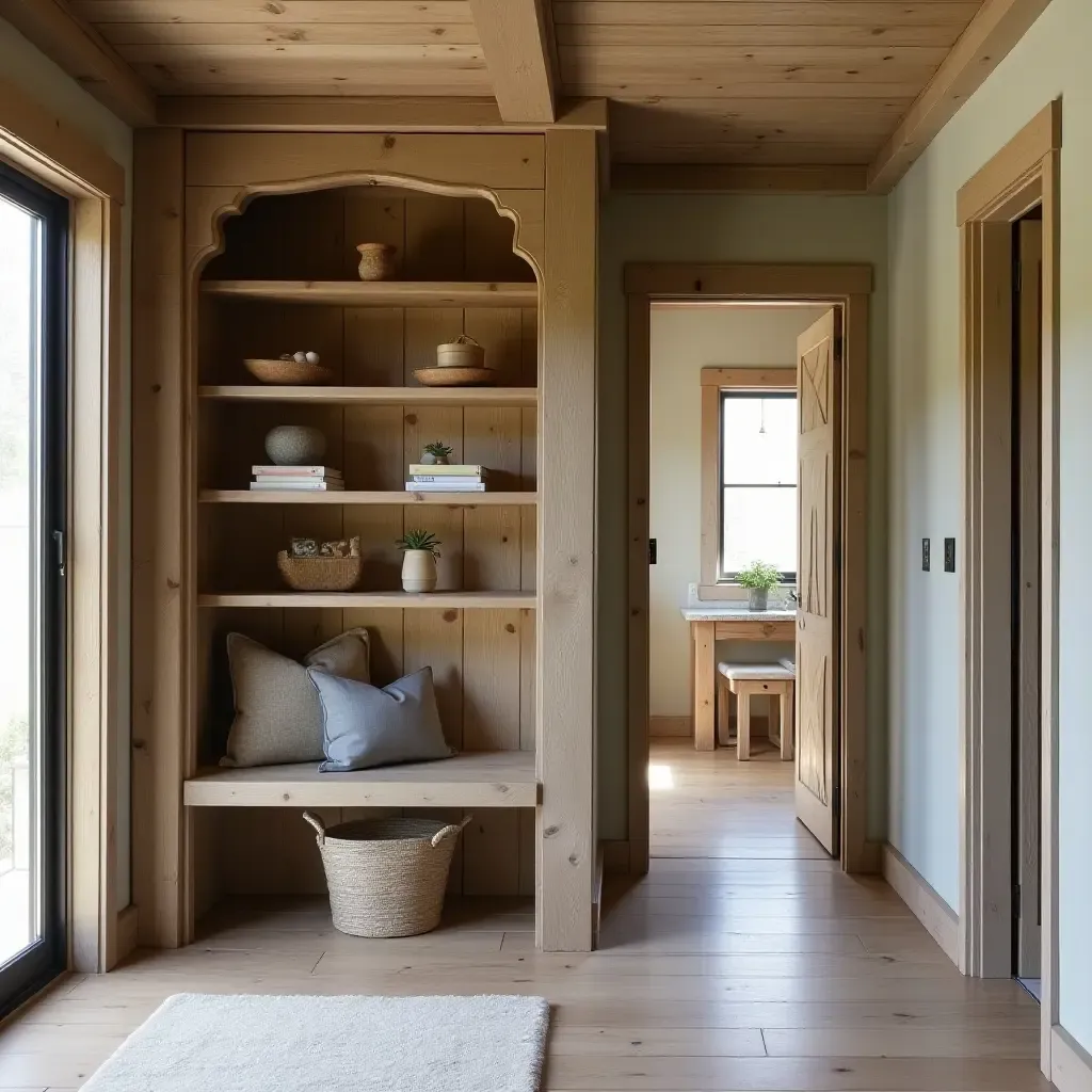 a photo of a rustic entrance featuring reclaimed wood storage and decor