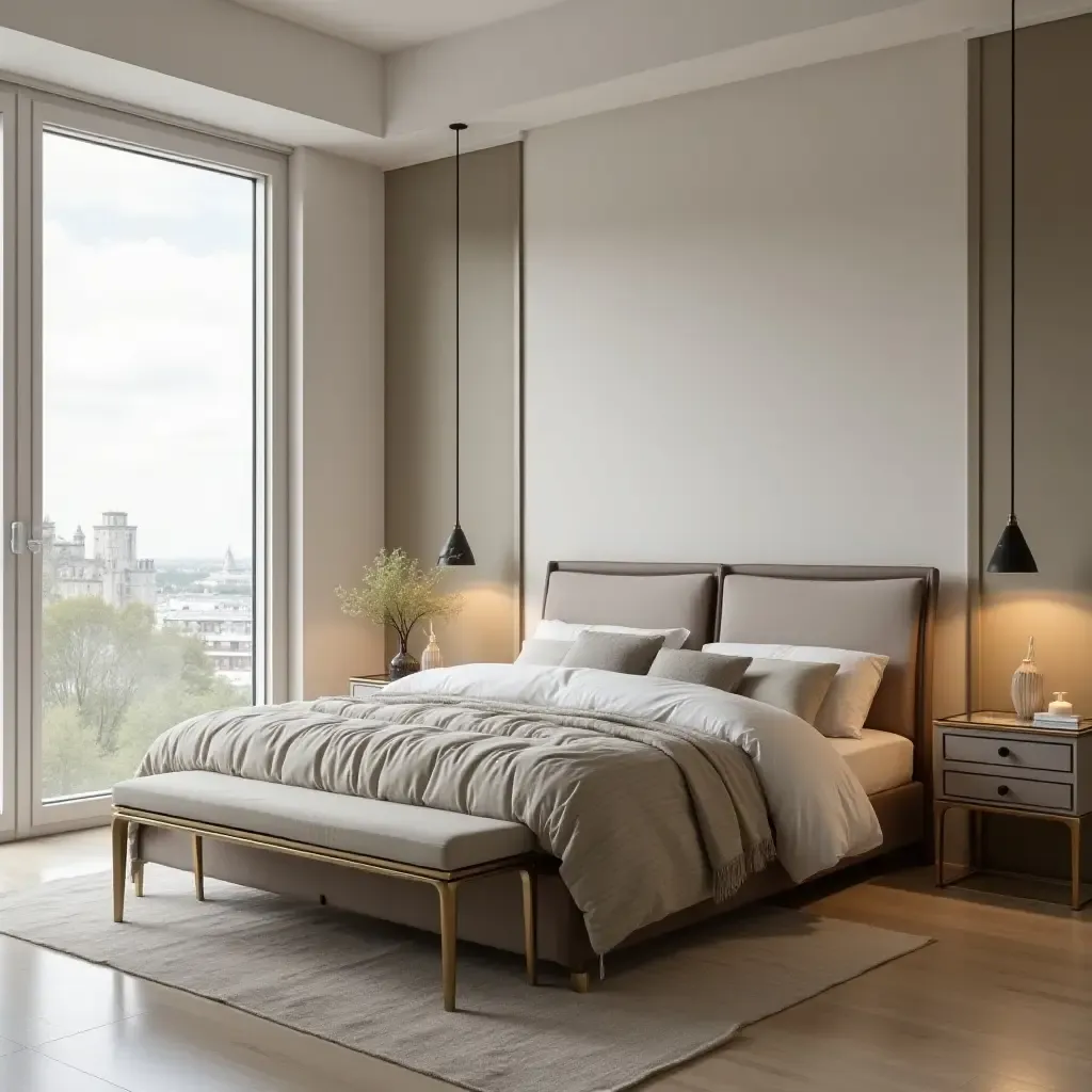 a photo of an elegant bedroom featuring a metallic bed frame