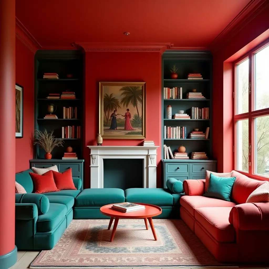 a photo of a vibrant red and teal home library with cozy seating