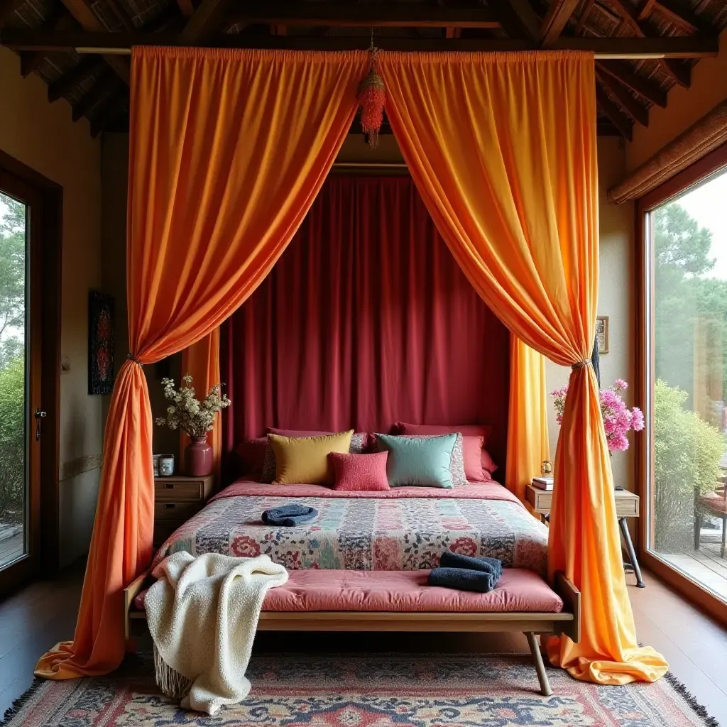 a photo of a bohemian canopy bed draped in colorful fabrics