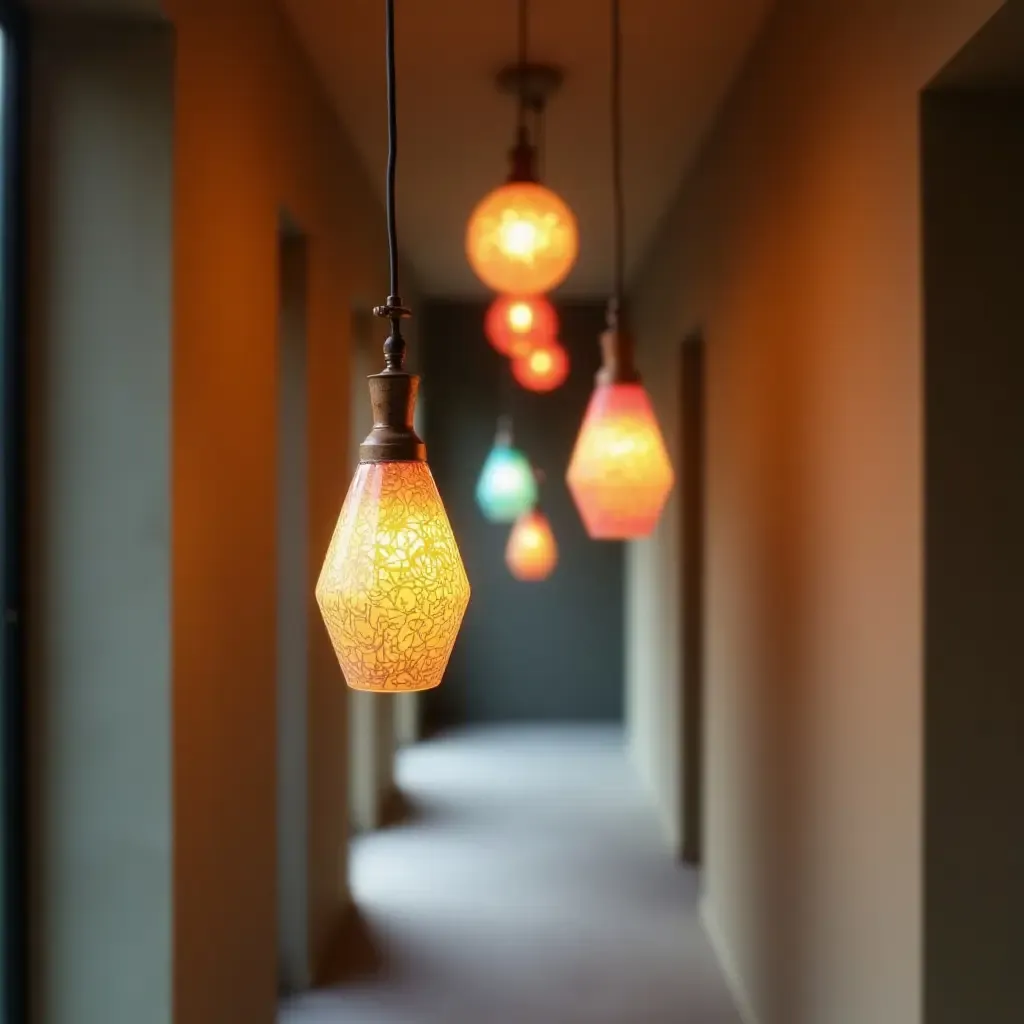 a photo of a corridor with hanging pendant lights in various colors