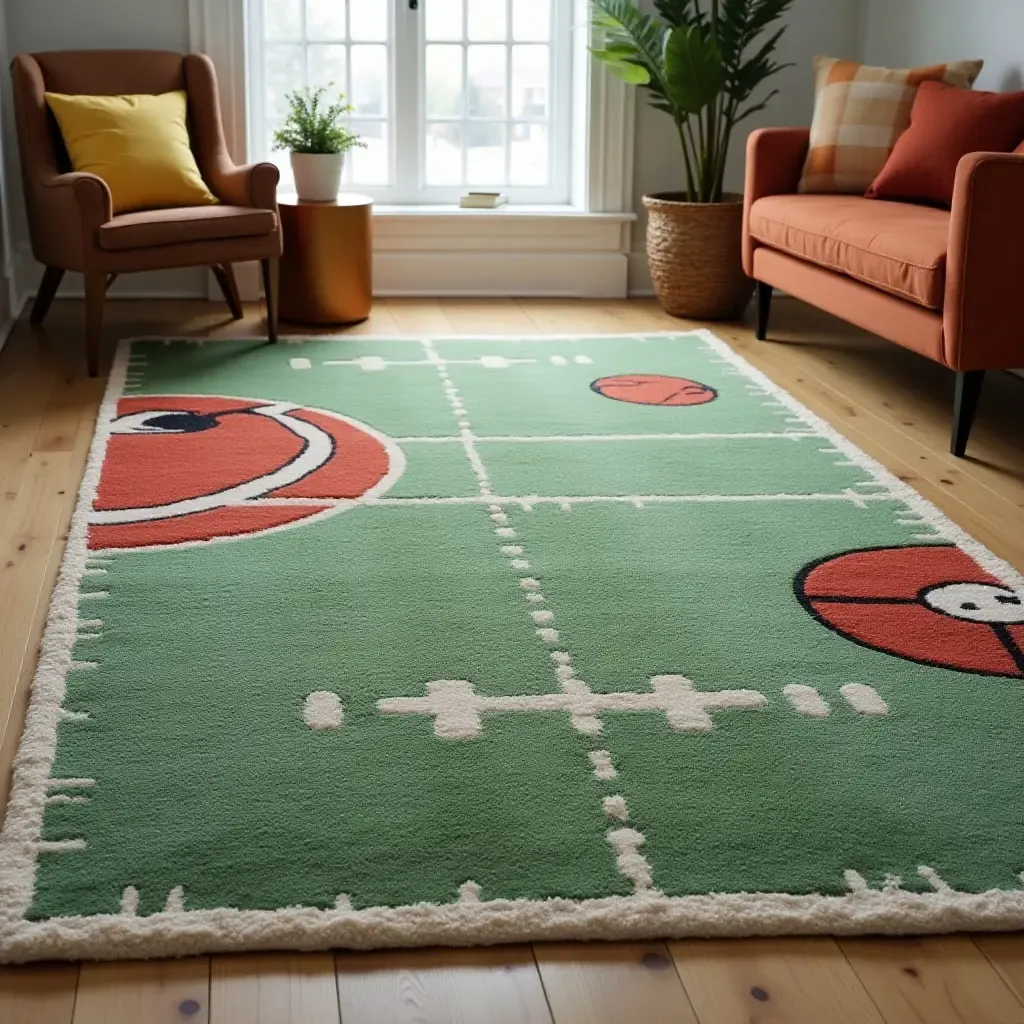 a photo of a fun, sports-themed rug for active teens