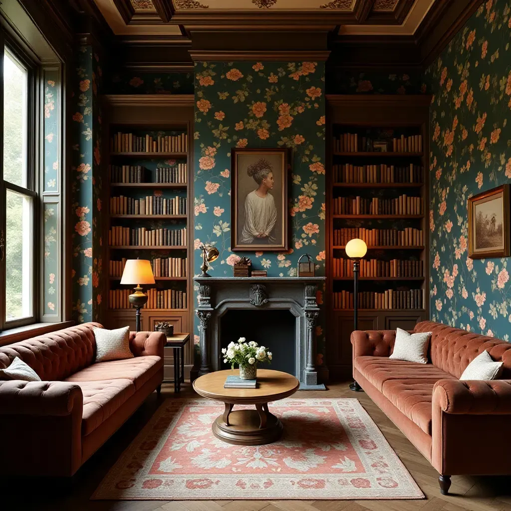 a photo of a library with a botanical print wallpaper