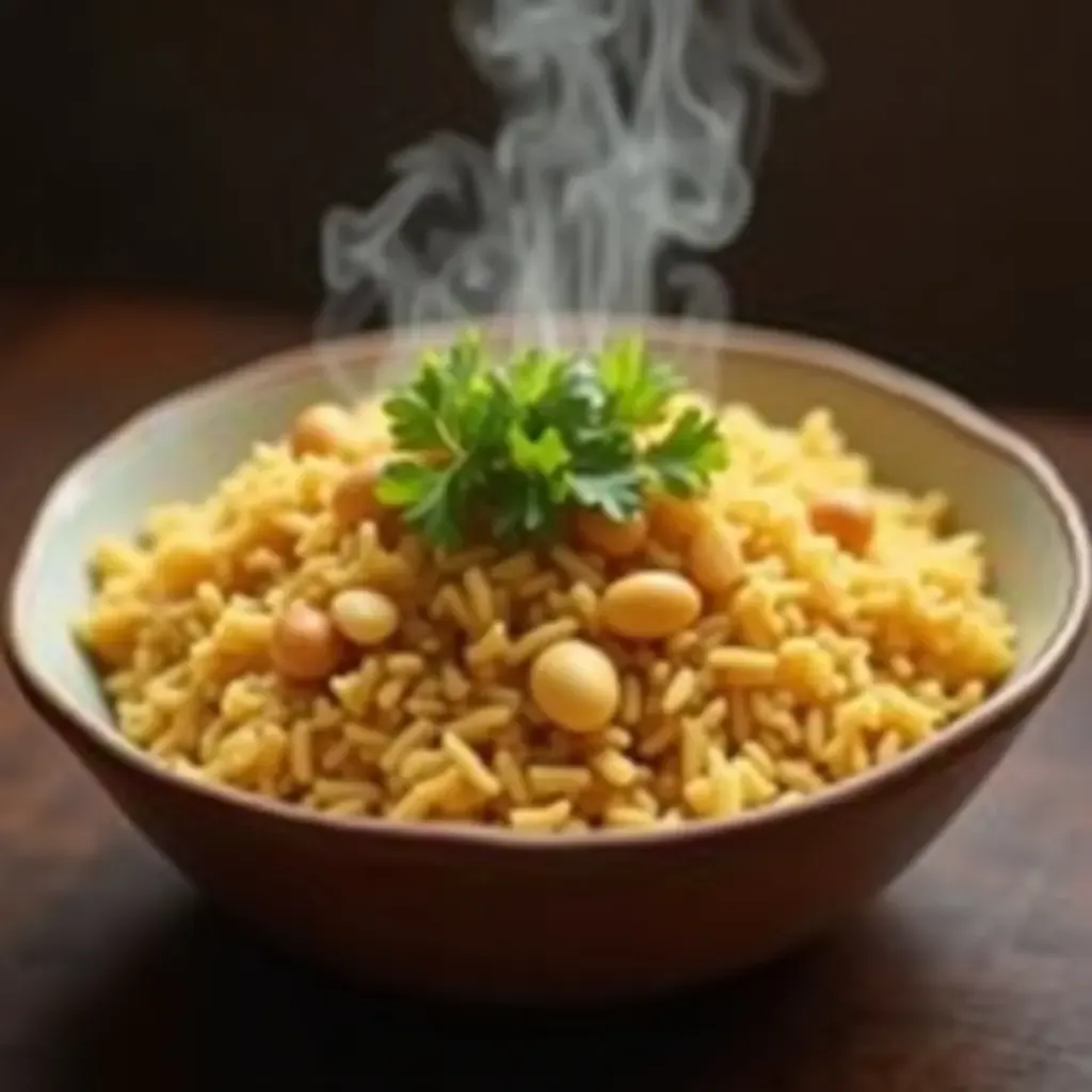 a photo of a steaming hot bowl of poha garnished with peanuts and fresh coriander.