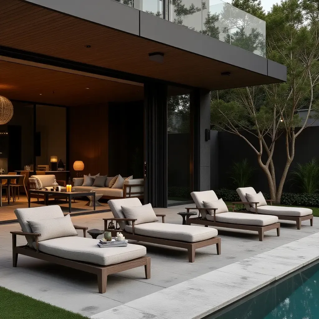 a photo of a sophisticated poolside lounge with muted fabric tones, dark wood accents, and polished metal details