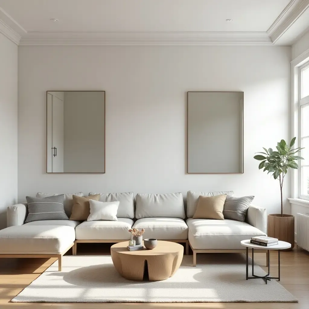 a photo of a minimalist small living room with a light color palette and large mirrors for depth