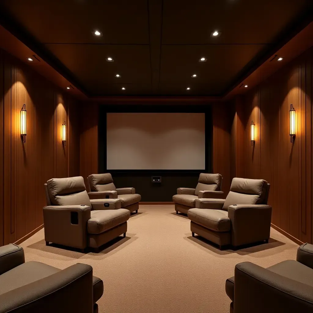 a photo of a home theater in a basement with wooden elements