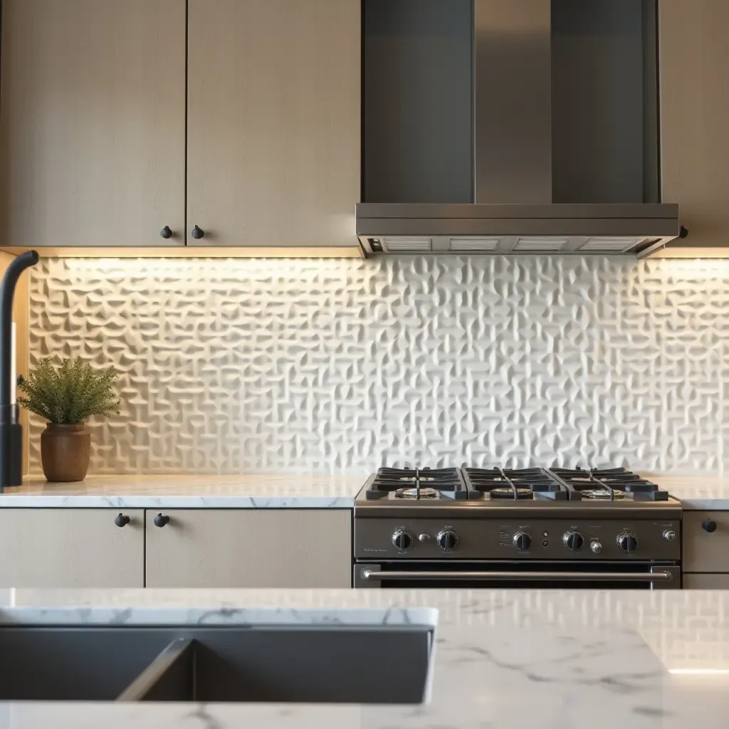 a photo of a unique 3D tile backsplash creating depth in a modern kitchen