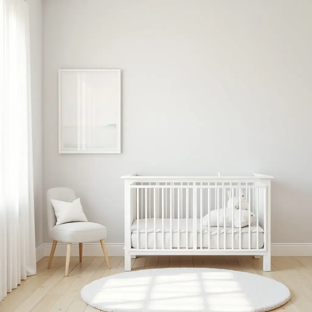 a photo of a serene nursery featuring a simple crib and calming wall art