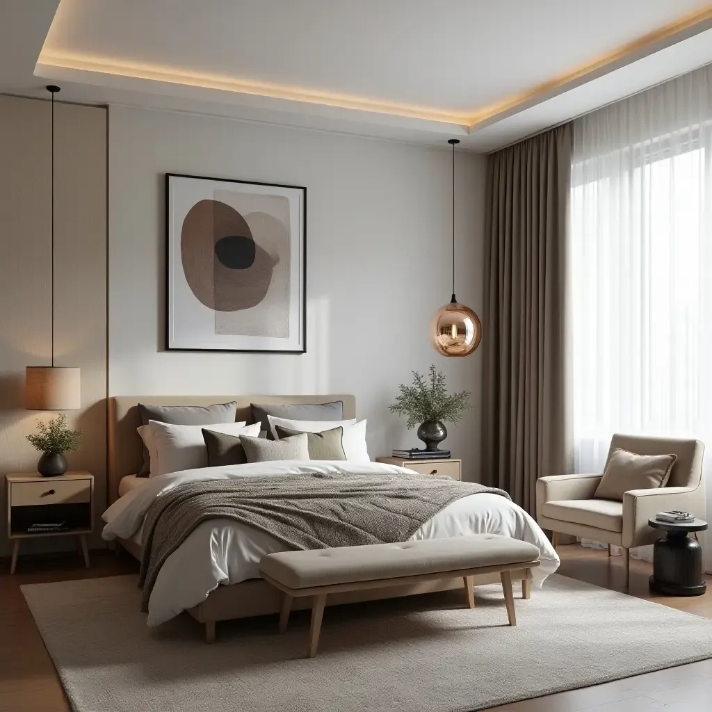 a photo of a chic urban bedroom with modern art and stylish furniture