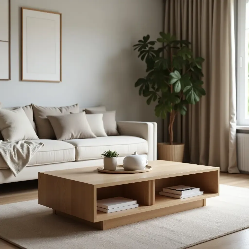 a photo of a wooden coffee table in a bedroom lounge area