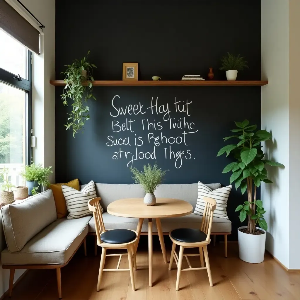 a photo of a chic kitchen nook with a chalkboard wall and decorative plants