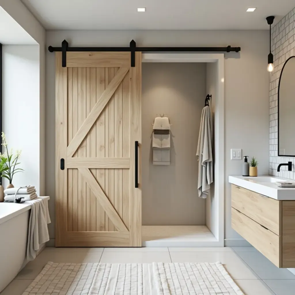 a photo of a bathroom with a sliding barn door