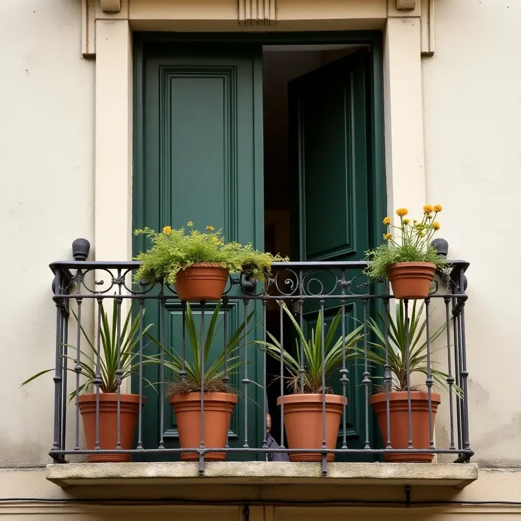 a photo of a balcony decorated with a collection of vintage pots