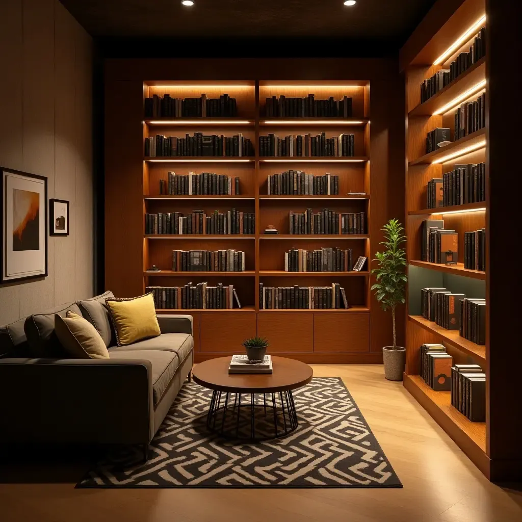 a photo of a small library with creative lighting solutions