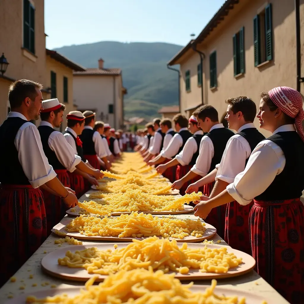 a photo of a festive Sardinian village celebrating with traditional costumes and handmade pasta.