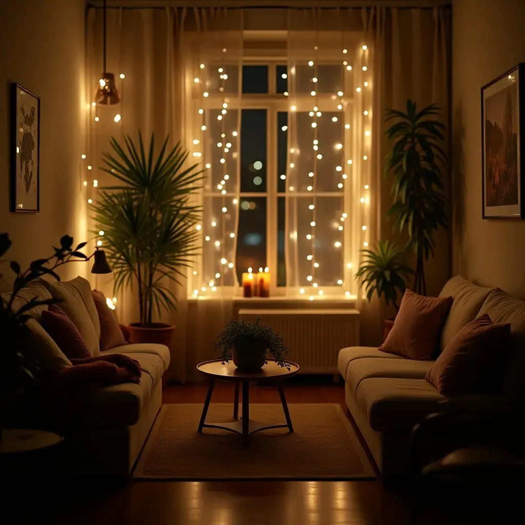 a photo of a small living room with fairy lights in plants