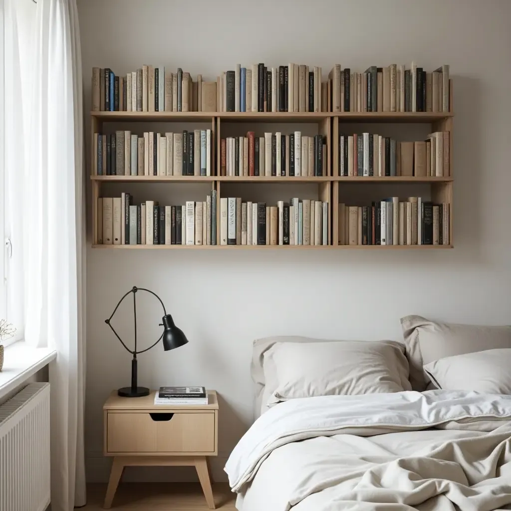 a photo of a wall-mounted book display in a bedroom