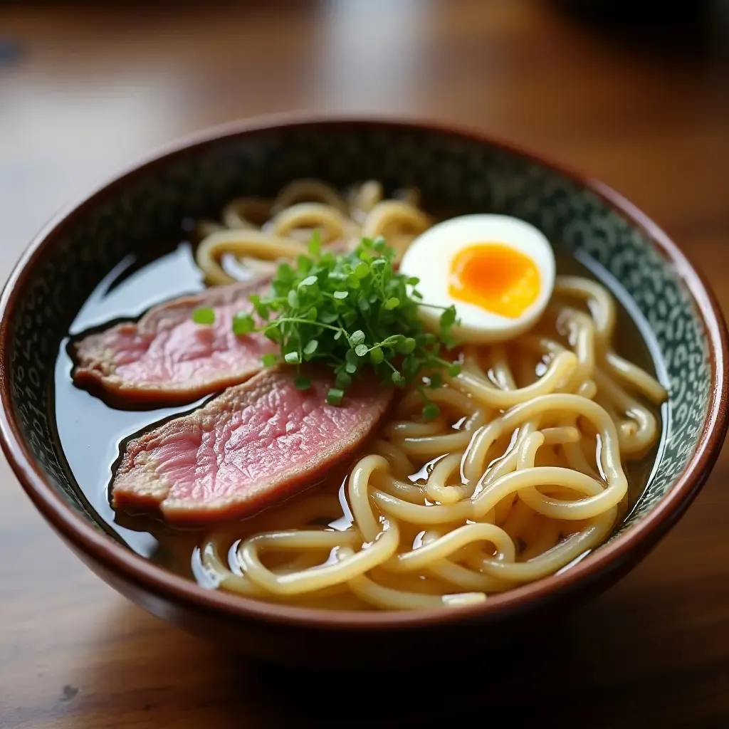 a photo of Korean cold noodle soup with beef slices and boiled egg in a clear broth