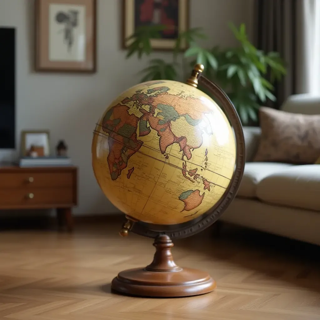 a photo of a vintage globe atop a wooden stand in a living room