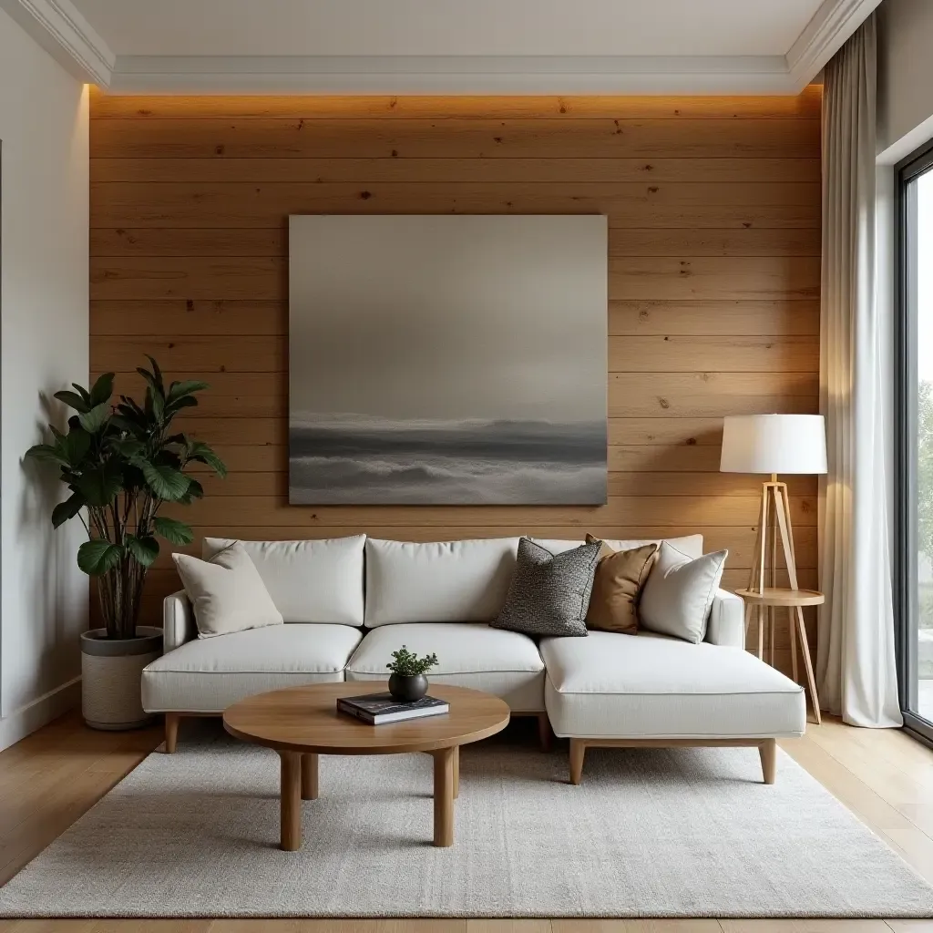 a photo of a stylish living room with a rustic wood accent wall and decor