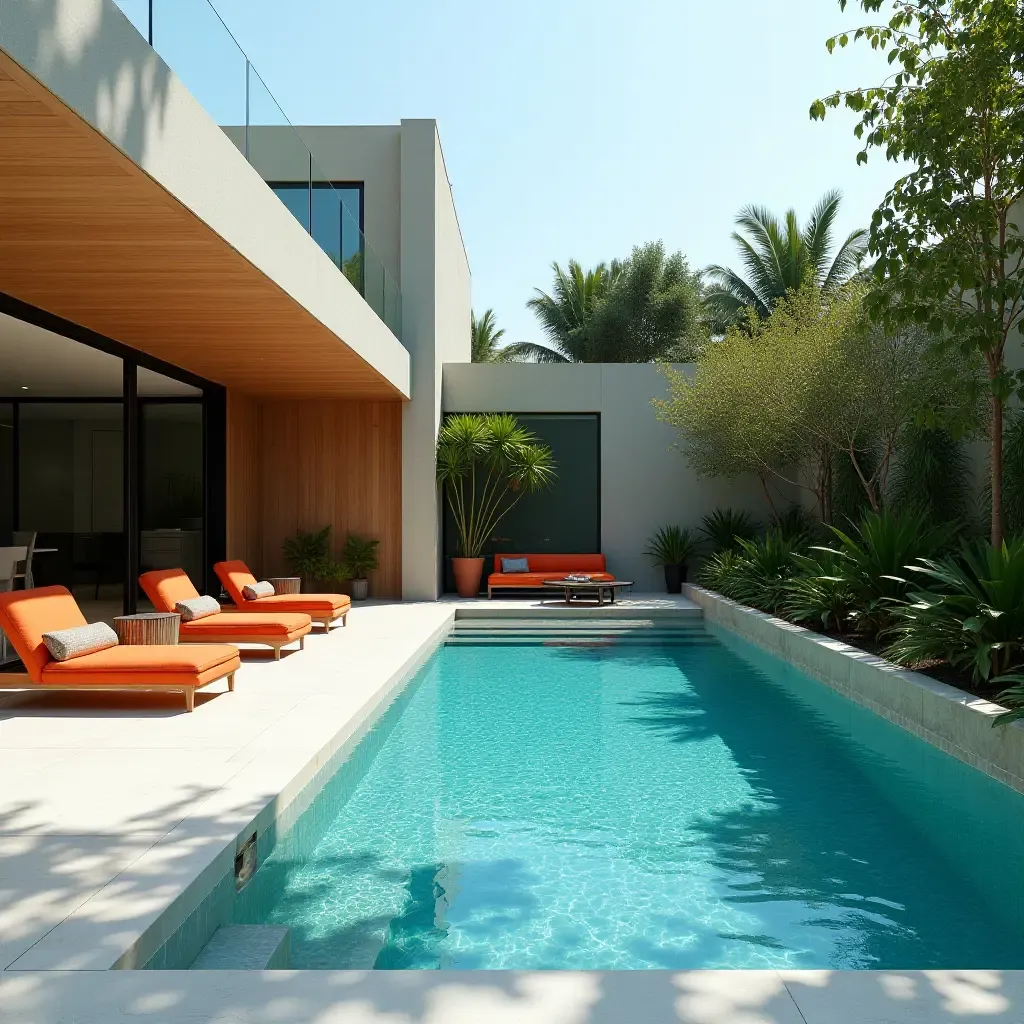 a photo of a contemporary pool with glass tiles and bold orange lounge chairs