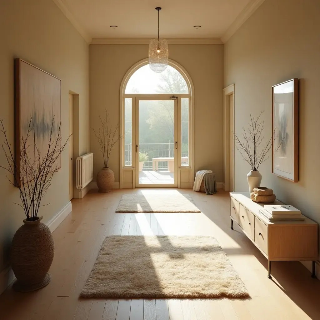 a photo of an inviting hallway with soft rugs and natural light streaming in