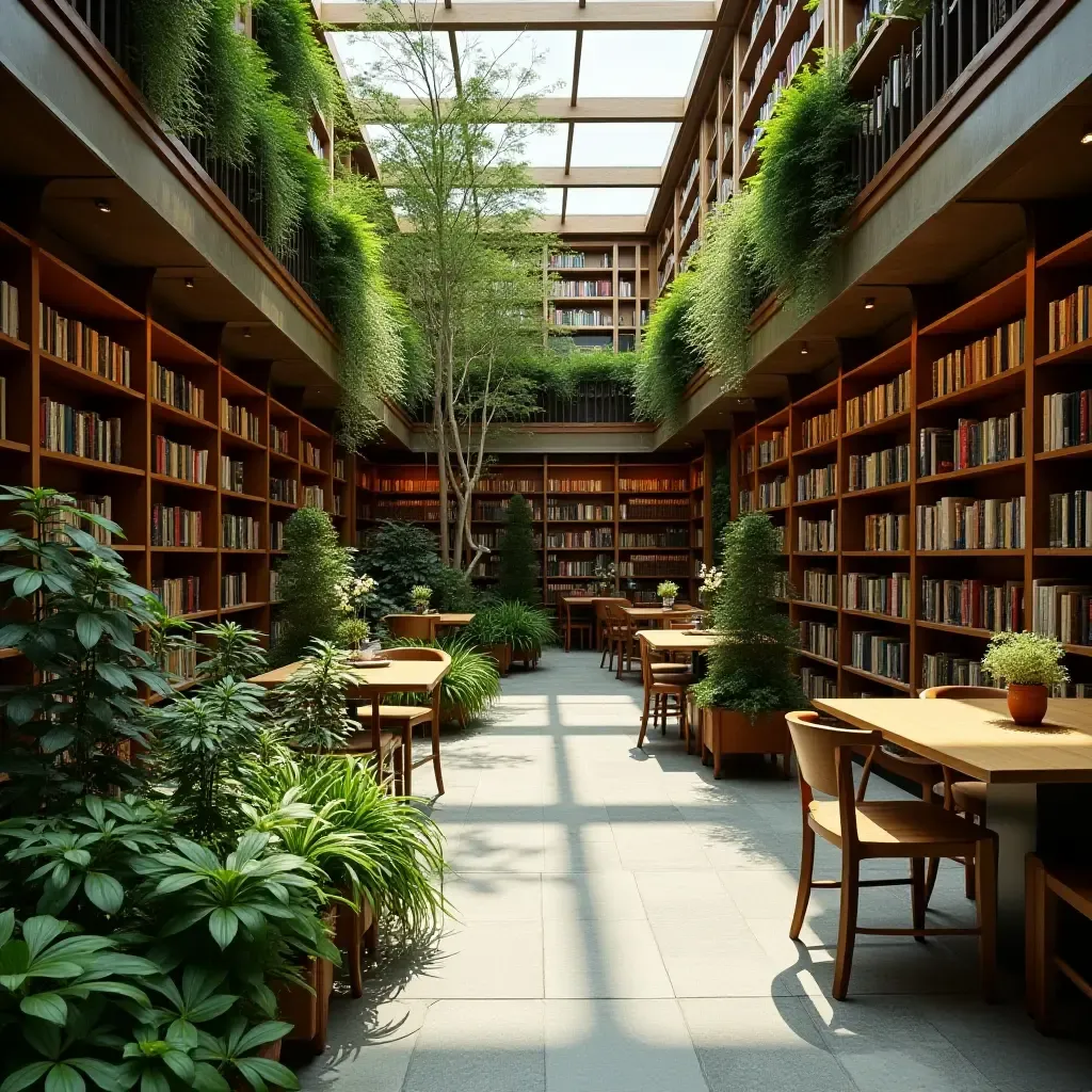 a photo of a library with a small indoor garden