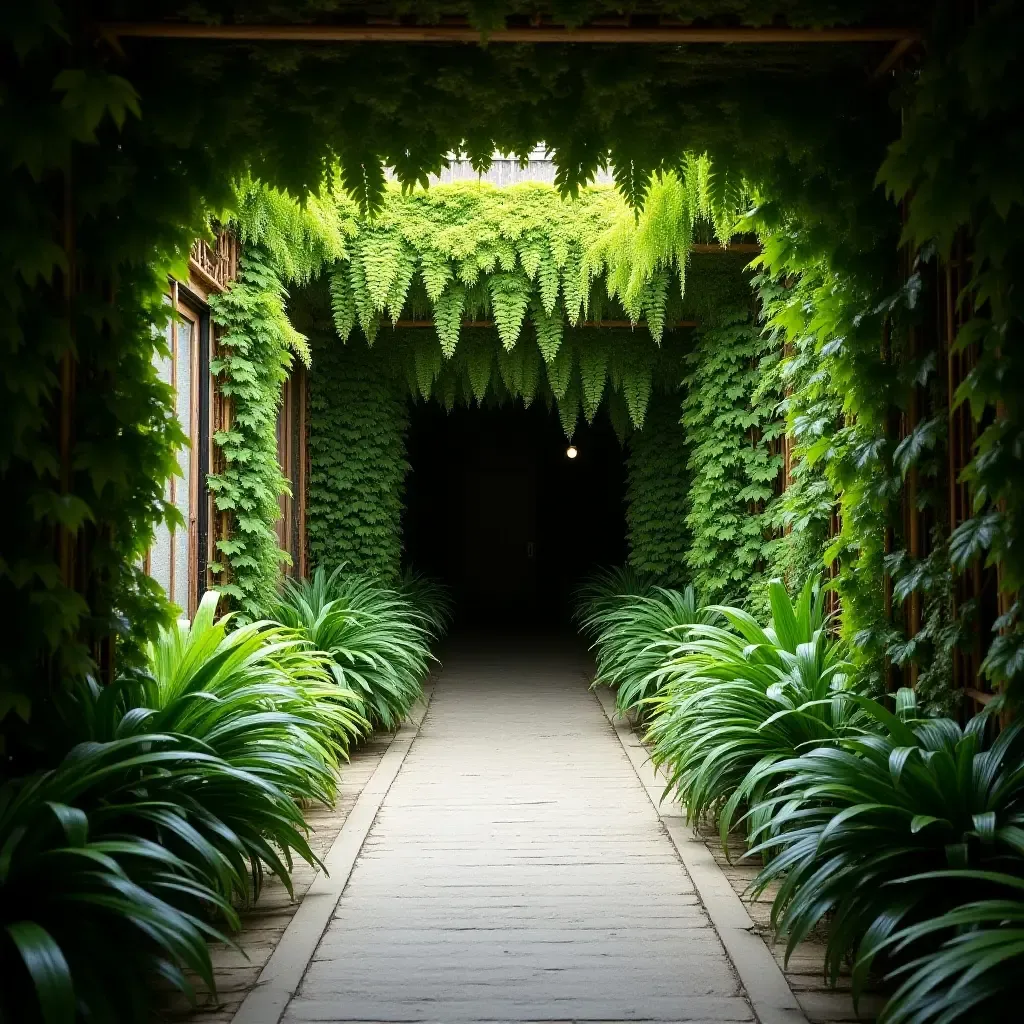 a photo of a corridor with a striking wall of hanging ferns