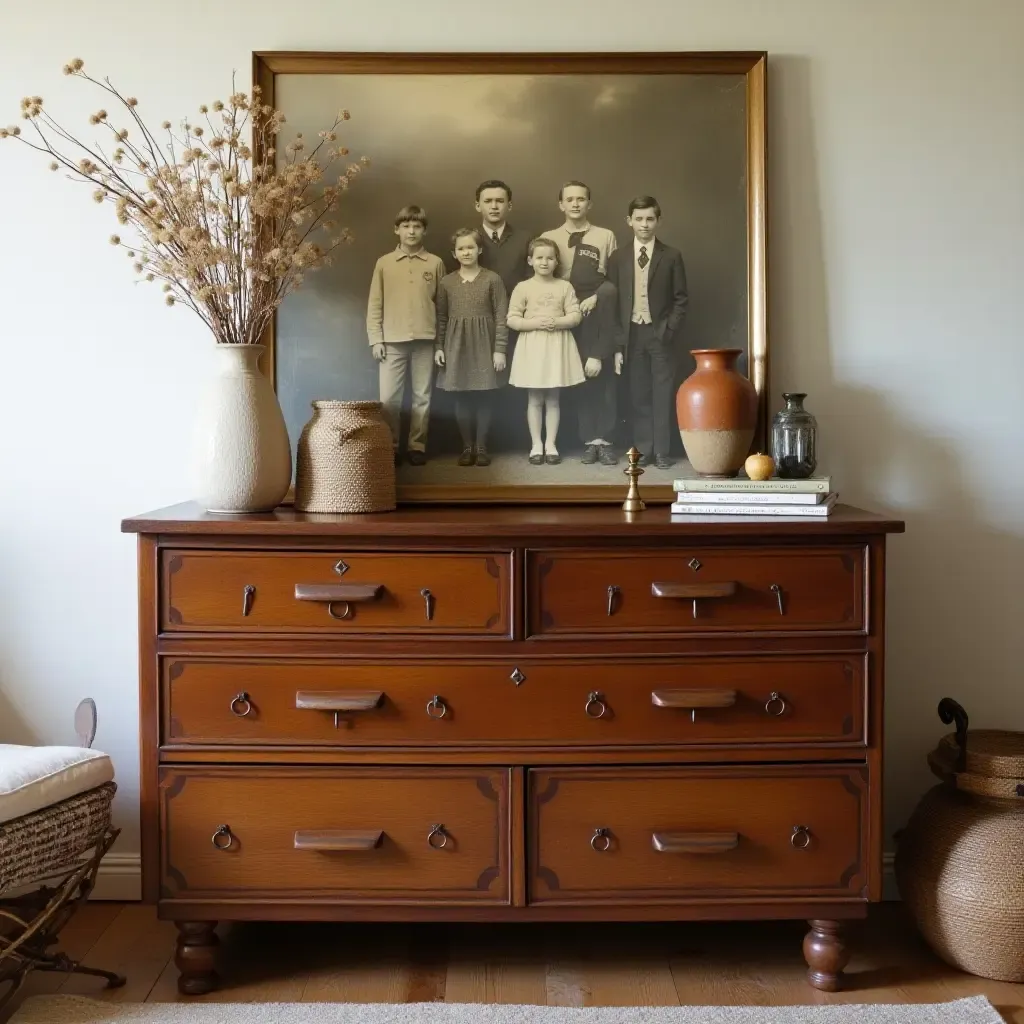 a photo of a nostalgic dresser adorned with vintage trinkets and family photos