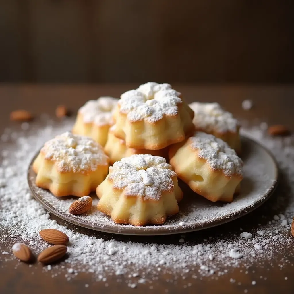 a photo of kourabiedes, buttery almond cookies dusted with powdered sugar on a rustic table.