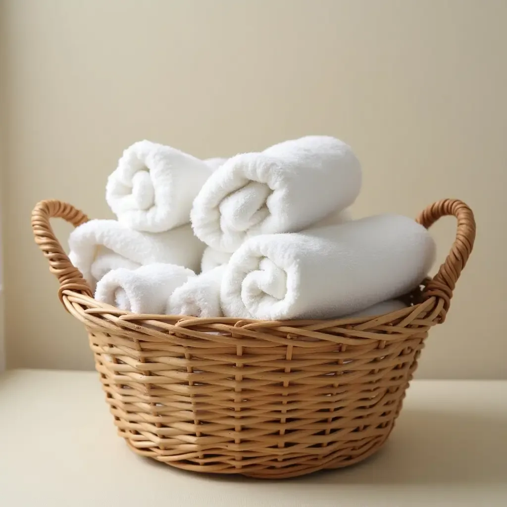 a photo of a woven basket filled with fluffy towels