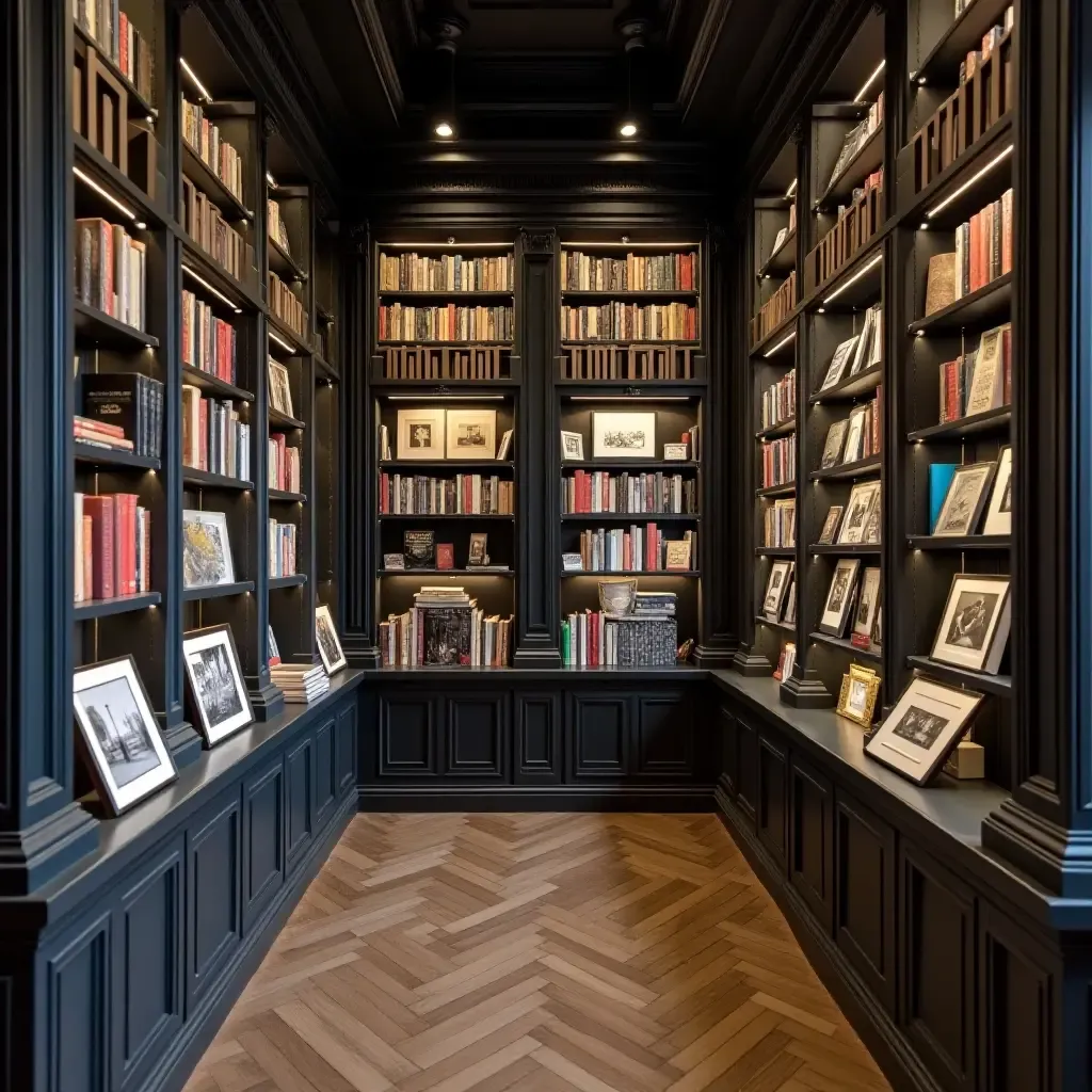 a photo of a library wall showcasing black and white photography