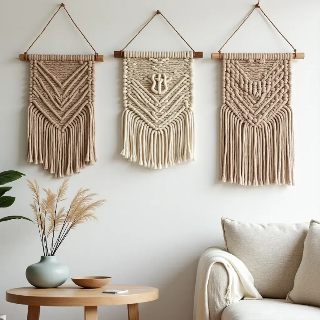 a photo of a textured wall with woven wall hangings