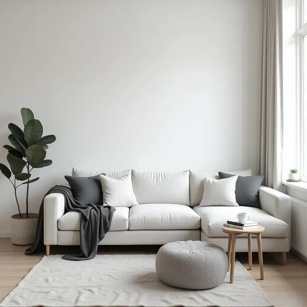 a photo of a minimalist living room with white and charcoal gray