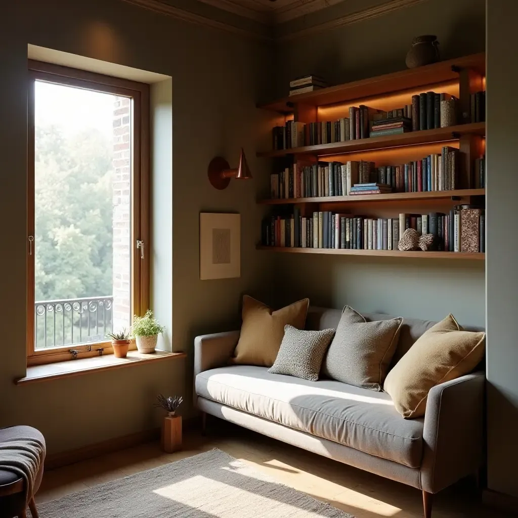 a photo of a cozy reading nook with wall-mounted bookshelves